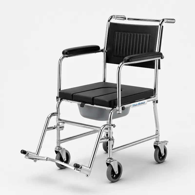 Foldable Commode Wheelchair for patient mobility and toilet support by Ethan Medical Ins. Bangladesh
